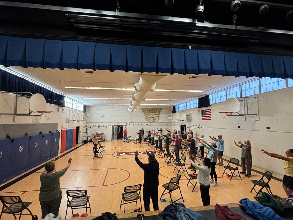 a group of individuals with Parkinson's engaging in supported strength & balance class in a gym