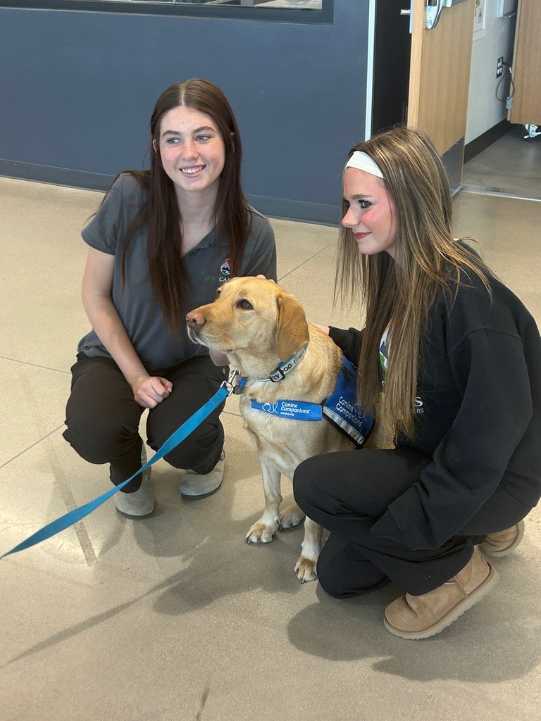 Two high school students kneel beside a yellow Labrador facility dog wearing a blue “Canine Companions” vest and holding a blue leash. The students smile while posing with the calm dog in a school hallway or classroom area with gray and blue walls in the background.