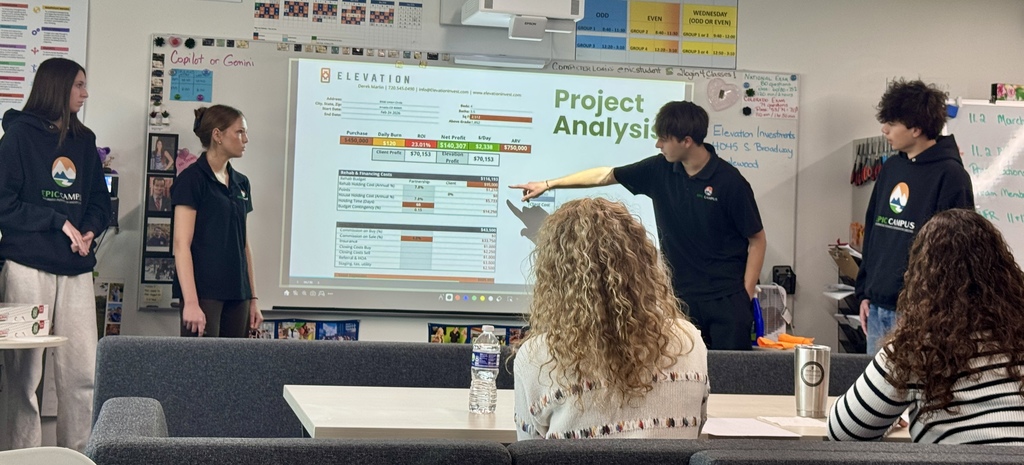 A group of students presents a slide titled “Project Analysis” at the front of a classroom. One student points to financial data on the screen while others stand nearby. Two adults sit at a table in the foreground taking notes, with water bottles and papers visible.