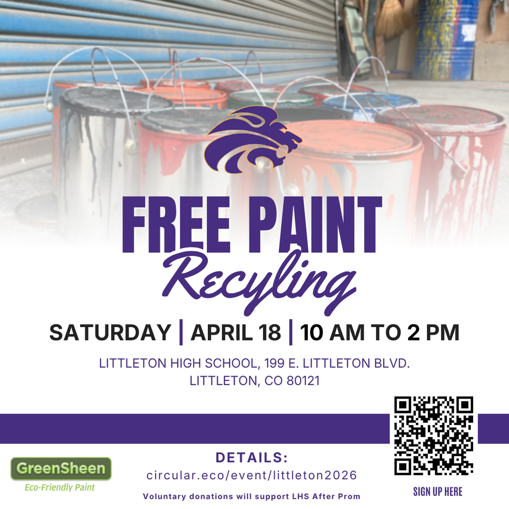 Image of paint cans with Lions logo advertising free paint recycling at LHS on 4/18 from 10am to 2 pm with url and QR code to sign up