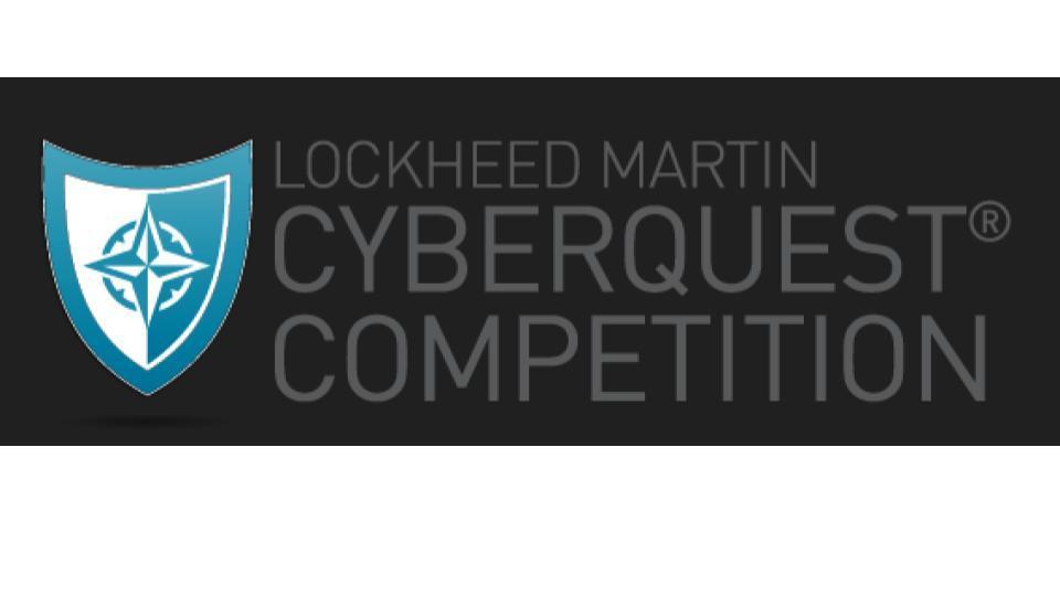 Lockheed Martin CyberQuest Competition logo on a dark gray background. On the left is a teal and white shield with a four-point compass/star symbol inside. To the right, large gray text reads “LOCKHEED MARTIN CYBERQUEST COMPETITION®.”