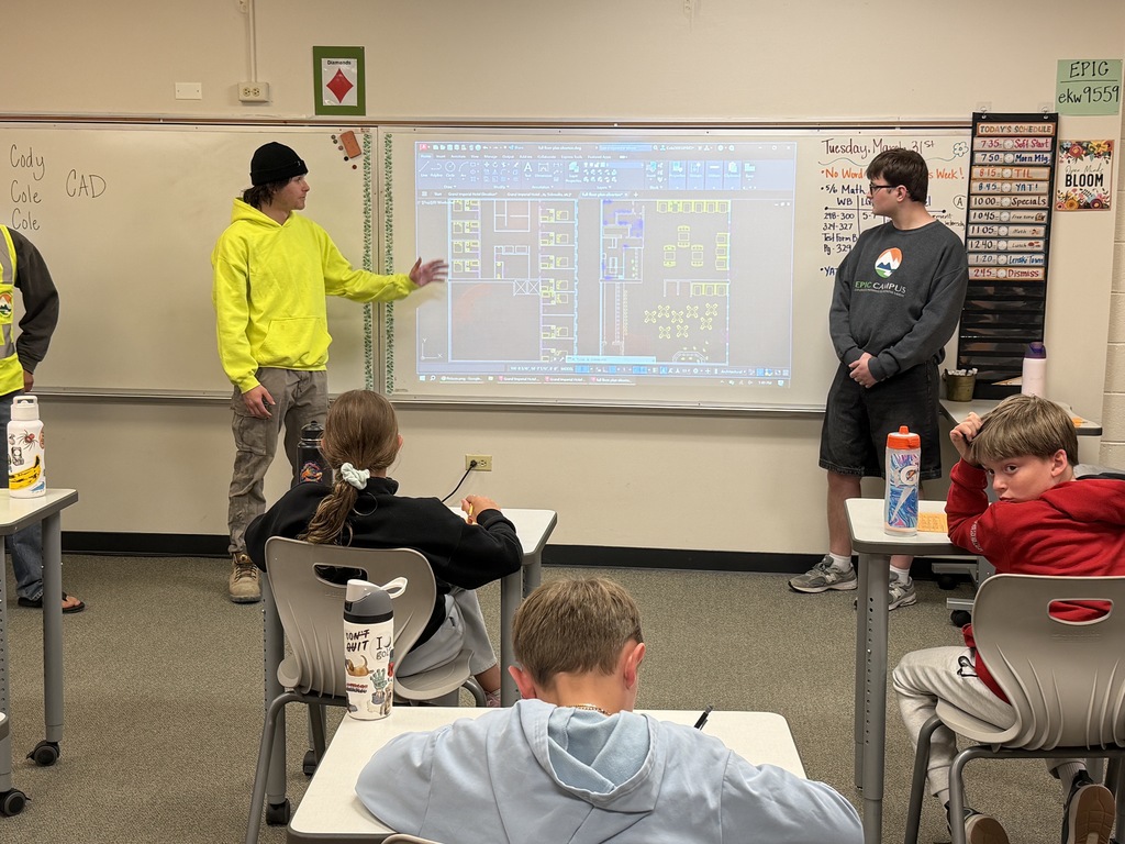 Two presenters—a young adult wearing a bright yellow hoodie and a student in an EPIC Campus sweatshirt—stand at the front of a classroom pointing to a projected CAD-style floor plan on a whiteboard. Students sit at desks watching and taking notes. A daily schedule and classroom posters are visible on the wall.