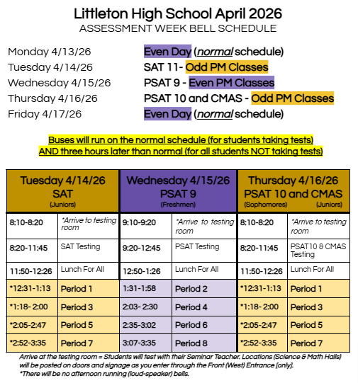 Bell schedule for testing at LHS for the week of Apr. 13-17.