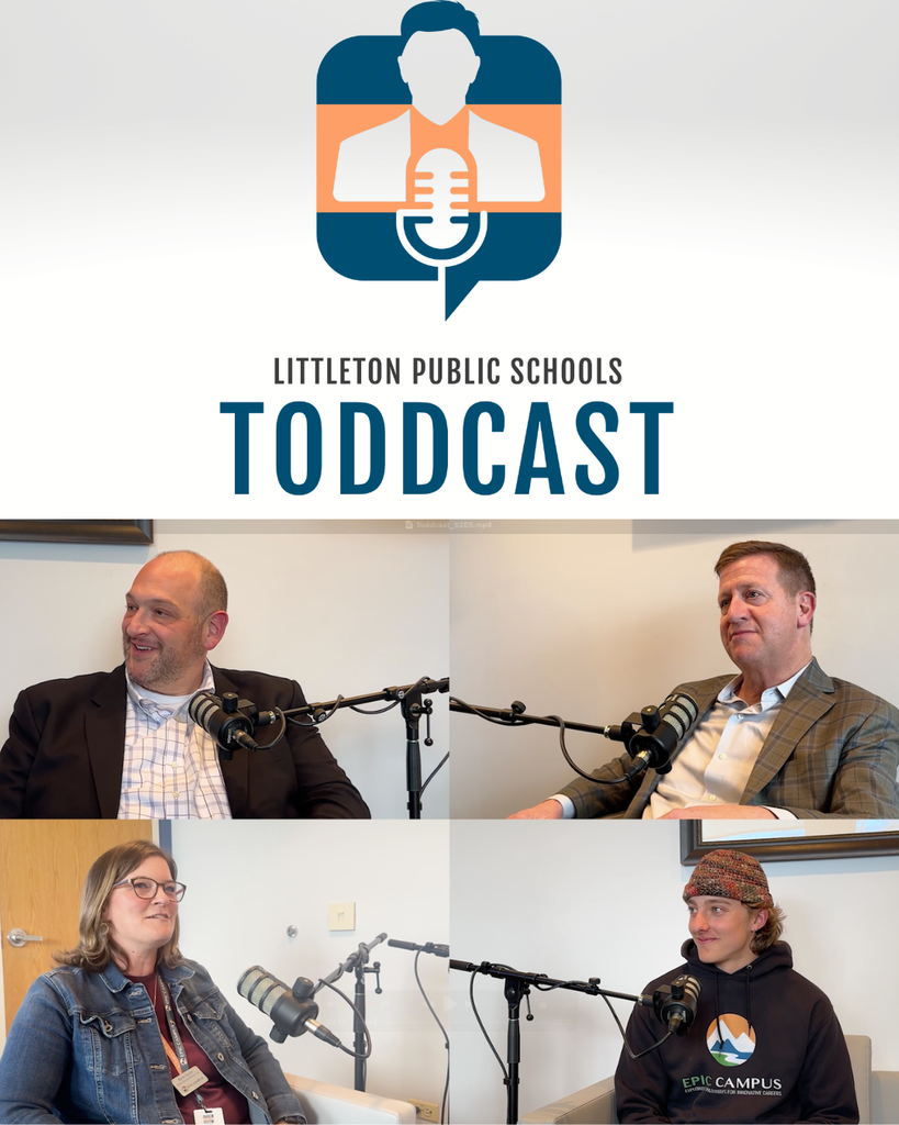 Thumbnail and Toddcast logo for the Future Educator episode of the Toddcast, featuring superintendent Todd Lambert, cohost Jonathan Levesque, and guests Ms. Maletz and student Aaron.