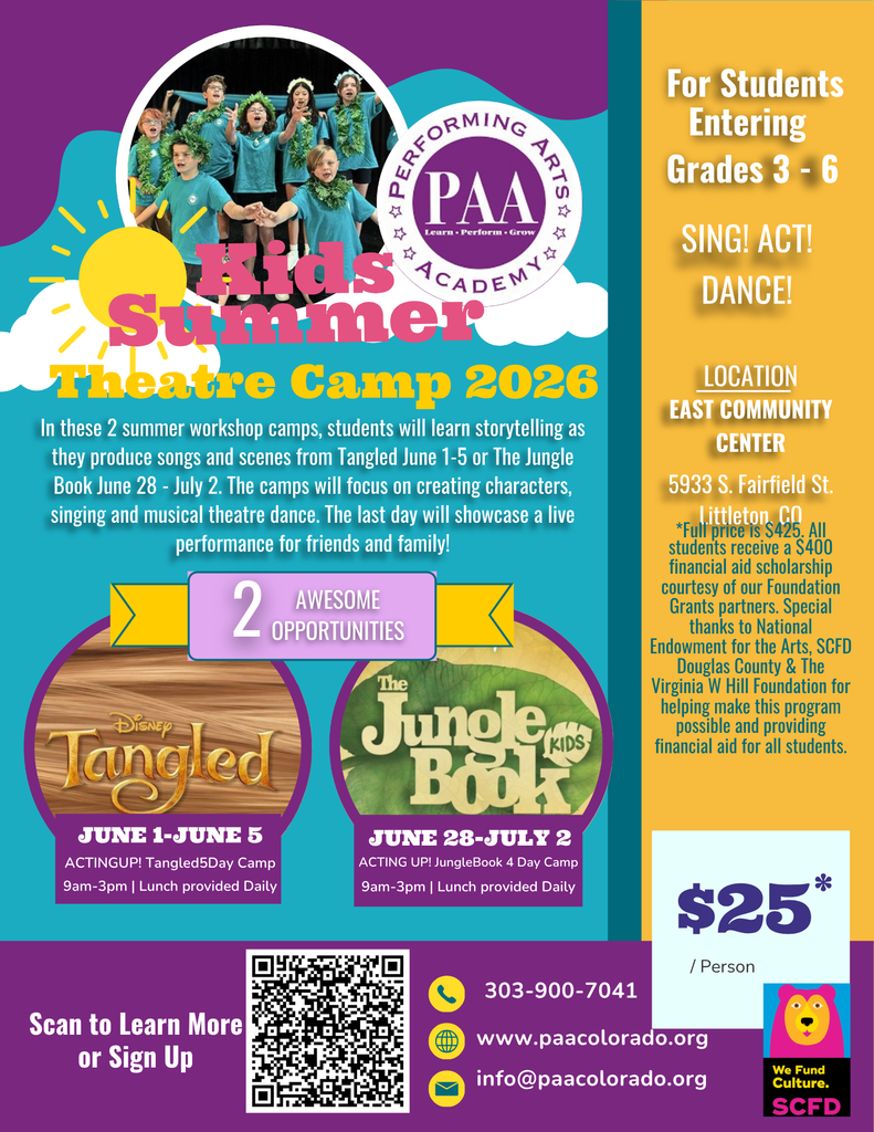 A vibrant, multi-colored promotional flyer for the Performing Arts Academy (PAA) summer theatre camps. The design features a purple circular logo with the text "PAA: Learn • Perform • Grow" surrounded by the words "Performing Arts Academy" and decorative stars. Below the logo, a large, stylized title for "The Jungle Book Kids" is prominently displayed over a green leaf background.