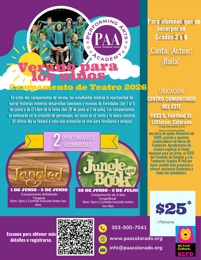 Un folleto promocional colorido para los campamentos de teatro de verano de Performing Arts Academy (PAA). El diseño incluye un logotipo circular morado con el texto "PAA: Learn • Perform • Grow" rodeado por las palabras "Performing Arts Academy" y estrellas decorativas. Debajo del logotipo, aparece el título estilizado de "The Jungle Book Kids" sobre un fondo de una hoja verde