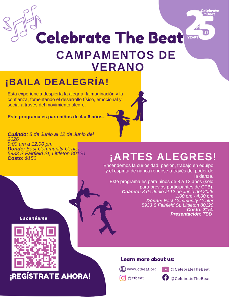 Un folleto promocional para los Campamentos de Verano 2026 de Celebrate The Beat (CTB). El diseño incluye un logotipo morado con un "25" grande en blanco y las palabras "Celebrate the Beat YEARS". El folleto también contiene ilustraciones de notas musicales y siluetas moradas de niños bailando sobre un fondo circular amarillo.