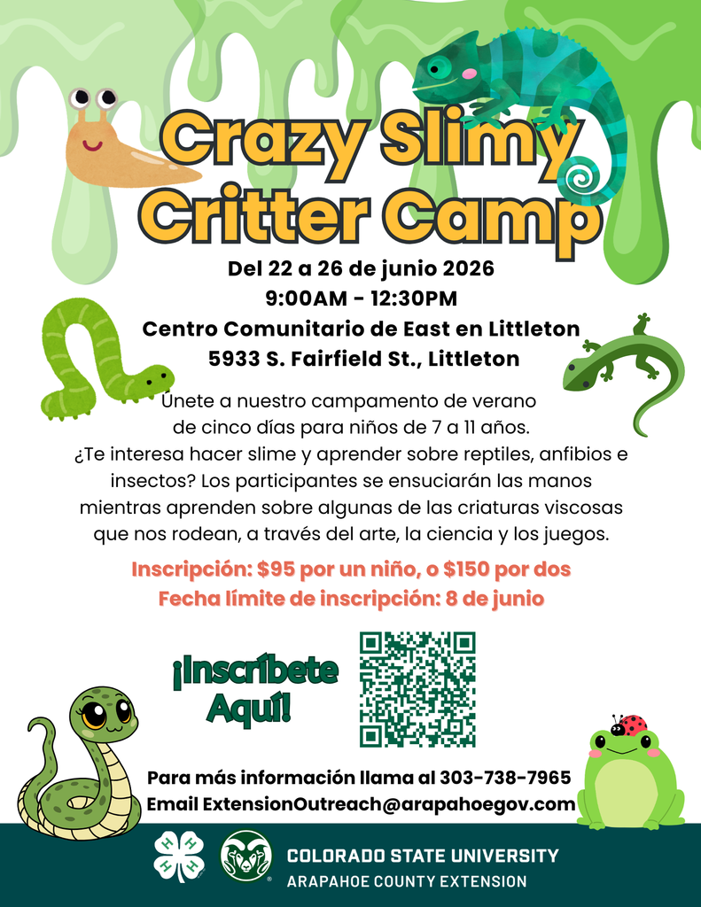 Un folleto promocional divertido en color verde brillante y azul para el Campamento de Verano Slimy CC 2026. El diseño presenta bordes de "slime" verde goteando en la parte superior e inferior, con ilustraciones de dibujos animados de un vaso de precipitados, una lupa y una bombilla sonriente.