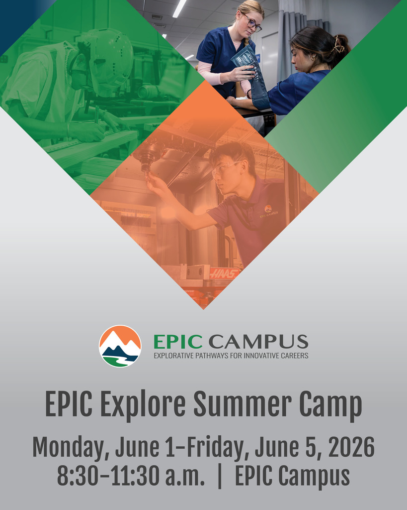 Graphic for EPIC Explore Summer Camp featuring students in nursing, construction, and engineering career pathways.
