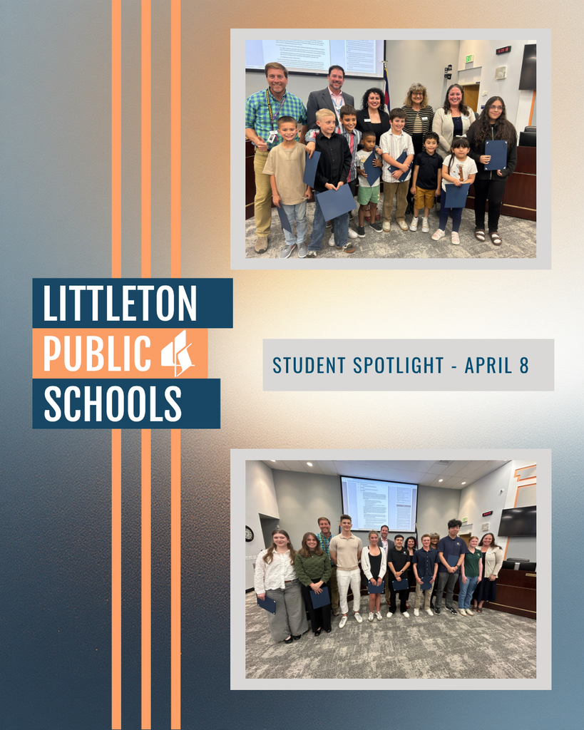 Student Spotlight graphic for April 8 featuring photos of elementary and high school students with LPS staff.