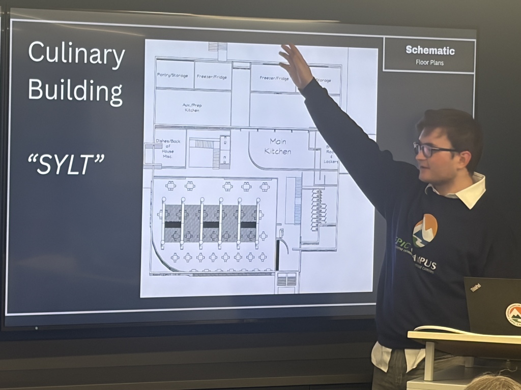 A man in glasses explains a culinary building floor plan on a screen, with text "Culinary Building" and "SYLTT".