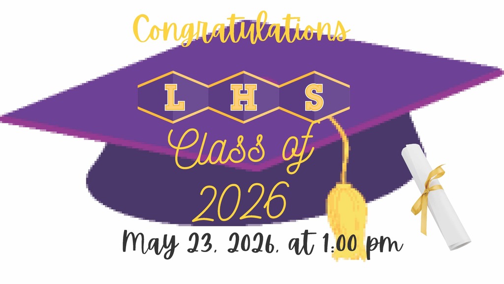 A purple graduation cap with the text "LHS Class of 2026" and a tassel, surrounded by a white diploma and yellow ribbon.