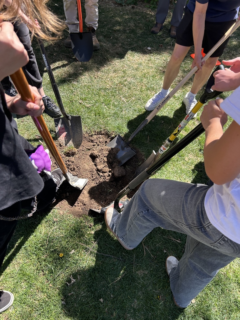 Several individuals work on a garden project, each holding a shovel and digging into the soil.