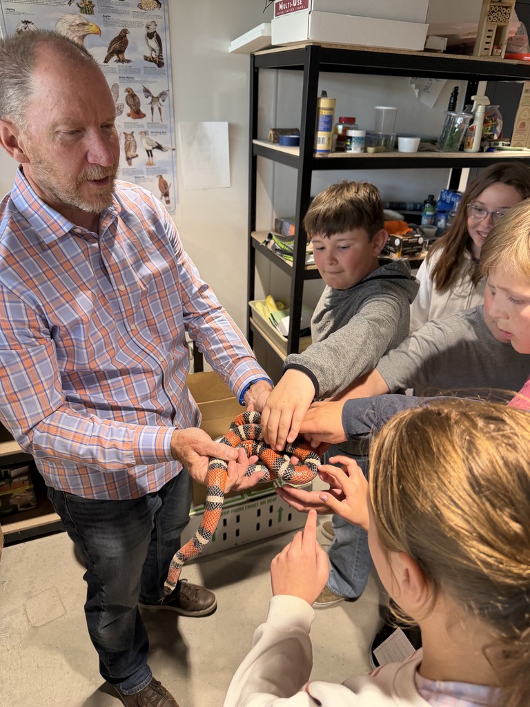 People in a room, a man holds a snake while children and adults reach out to touch it.