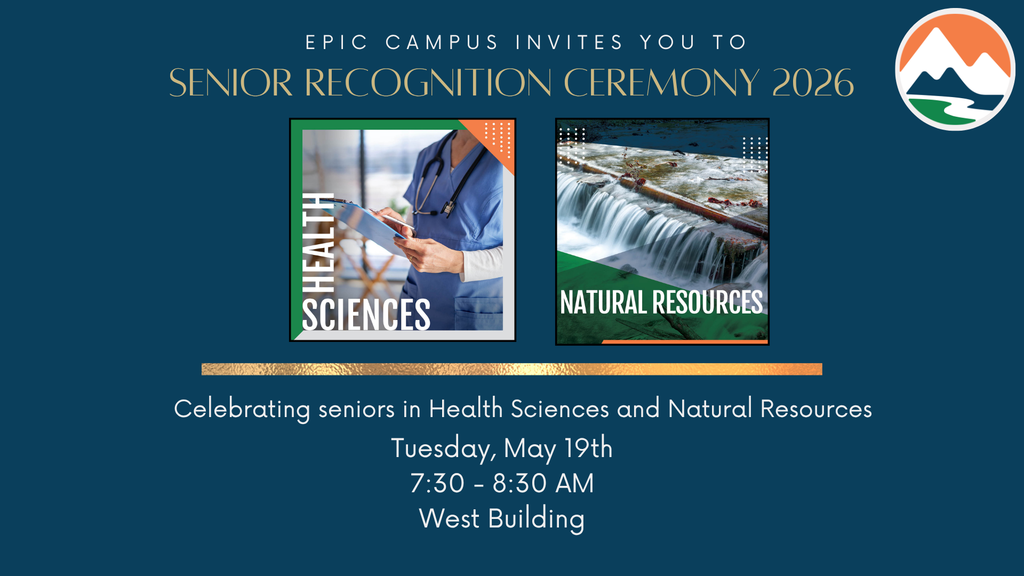 Blue background with two images: one of a healthcare professional and another of a waterfall. Text reads "Senior Recognition Ceremony 2026".