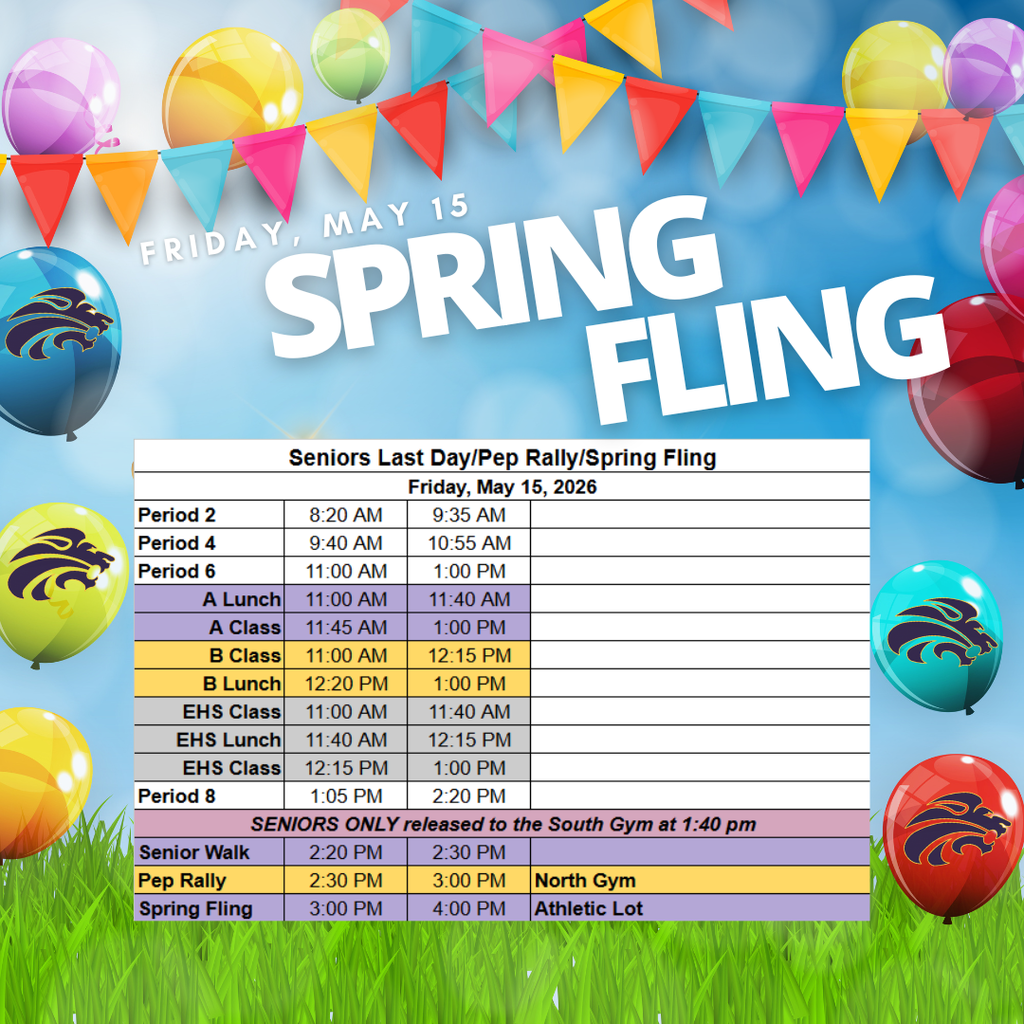 A schedule for a school event, "Spring Fling", features a list of activities for seniors on a blue background with colorful balloons.
