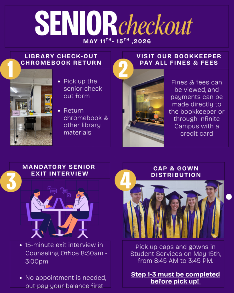 An infographic outlines four steps for seniors, including returning Chromebooks, paying fines, completing an exit interview, and picking up caps and gowns.