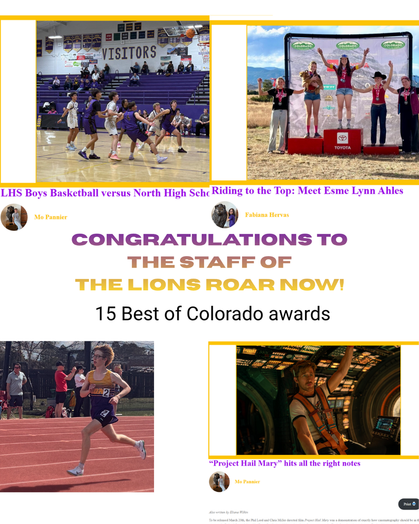 LHS Lions Roar congrats with Collage showing a basketball game, an athlete on a podium, and a runner on a track. Text reads, "Congratulations to the staff of the Lions Roar Now! 15 Best of Colorado awards."