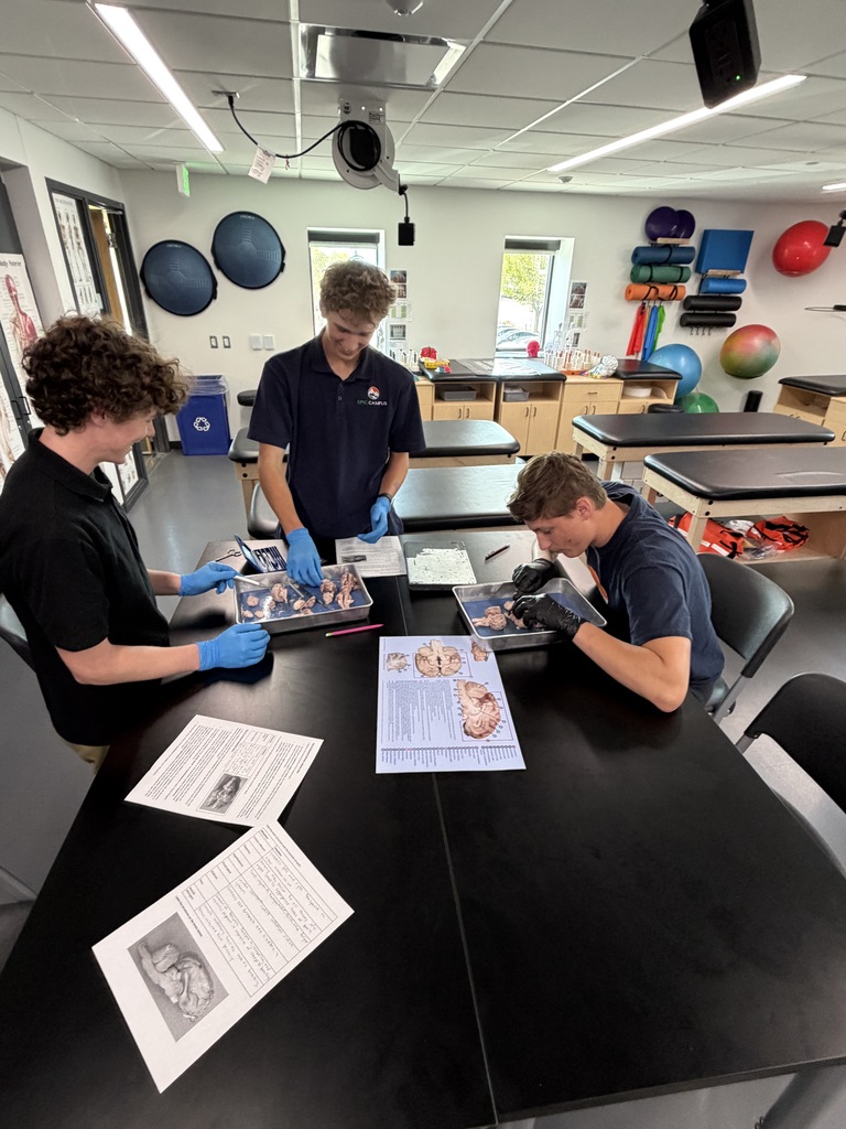 Three students in a classroom with a table, wearing gloves and working on a project with printed papers.