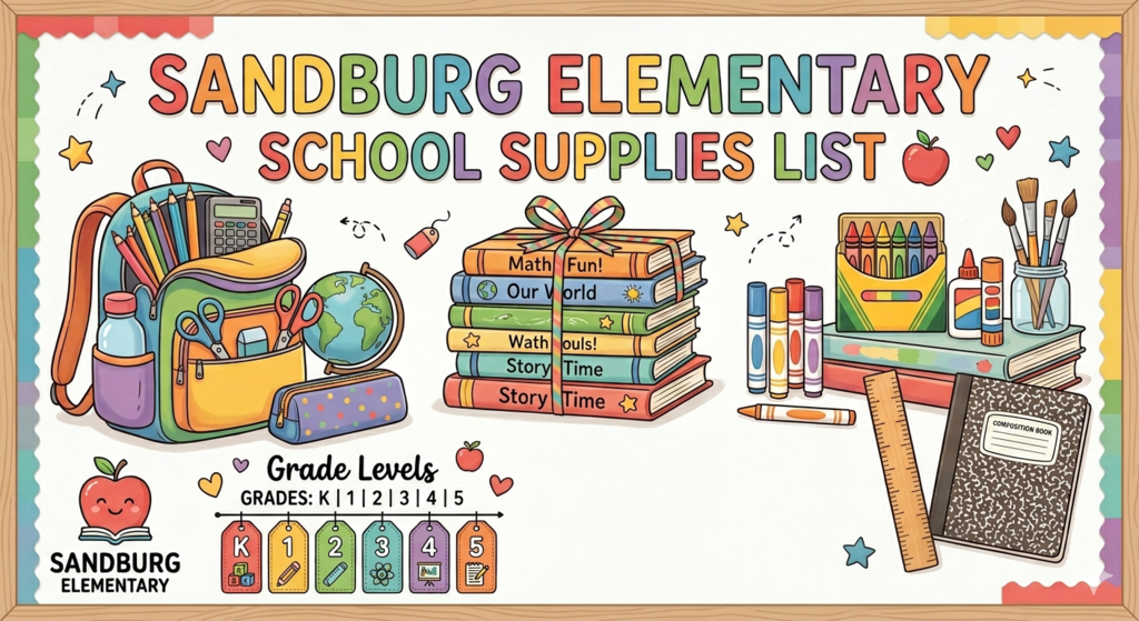 A poster with a list of school supplies for Sandburg Elementary. It includes a backpack, globe, scissors, books, pencils, and other items.