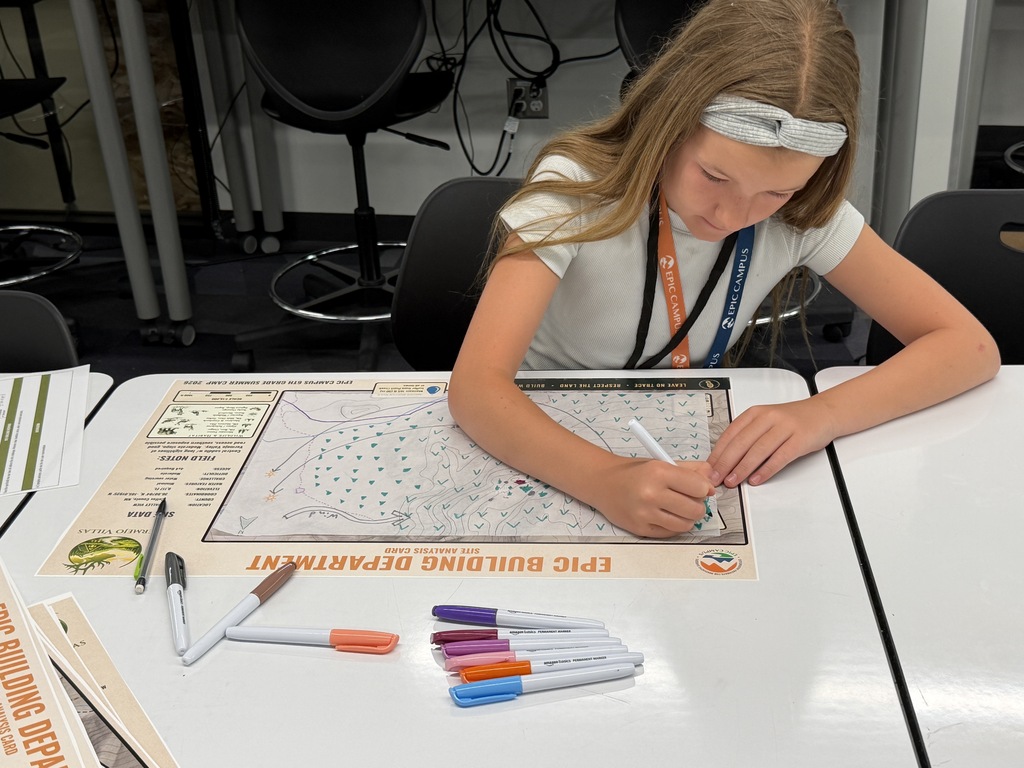 A young person using markers to color a map on a table with pens and papers.