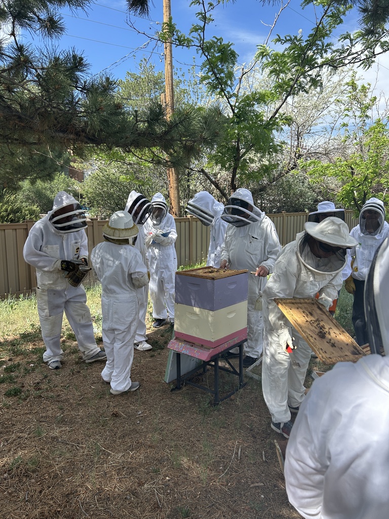 A group of beekeepers wearing white protective suits and hats standing around a bee hive.