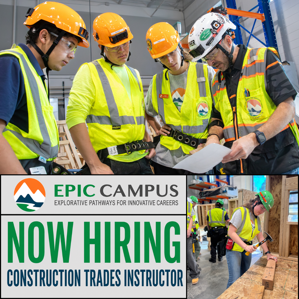 Four workers in yellow vests and helmets in a construction area. A sign reads "Now Hiring Construction Trades Instructor".