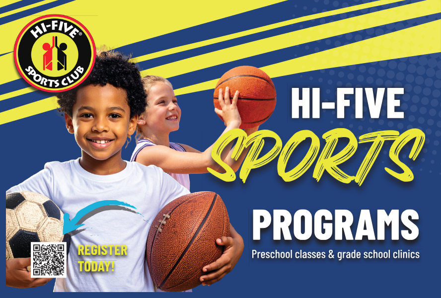 hi-five sports programs preschool classes & grade school sports clinics flyer in blue and yellow with two young kids holding a soccer ball, footballl, and basketball