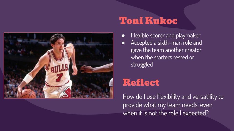 A basketball player in white uniform holds a ball, text reads "Toni Kukoc, flexible scorer and playmaker."