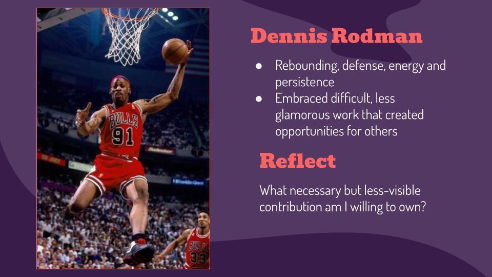 A basketball player in a red uniform jumps to dunk a ball. Text reads "Dennis Rodman" with bullet points on his contributions.