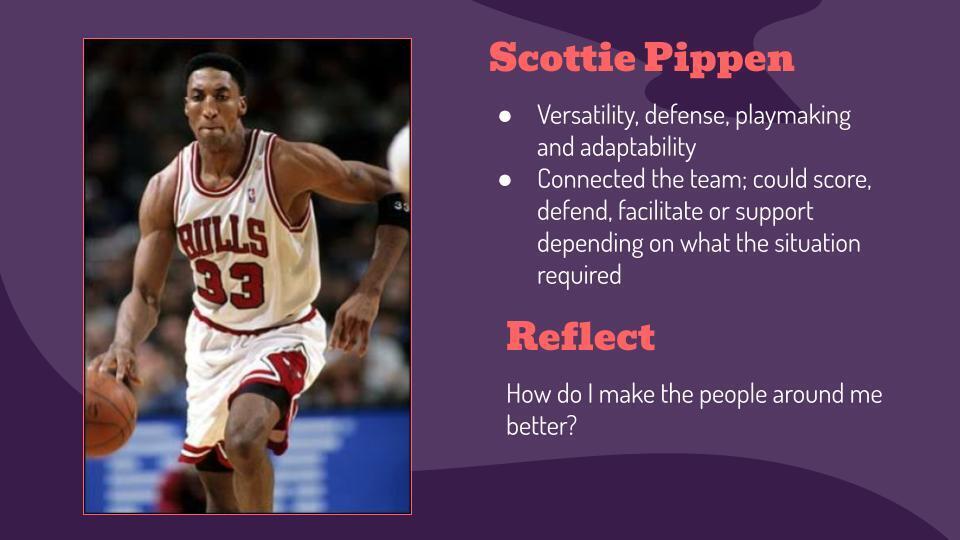 A basketball player in a Bulls jersey dribbling a ball. Text reads: "Scottie Pippen: Versatility, defense, playmaking and adaptability."