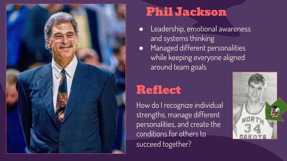 A smiling man in a suit with a caption about leadership skills, featuring text and a basketball player.