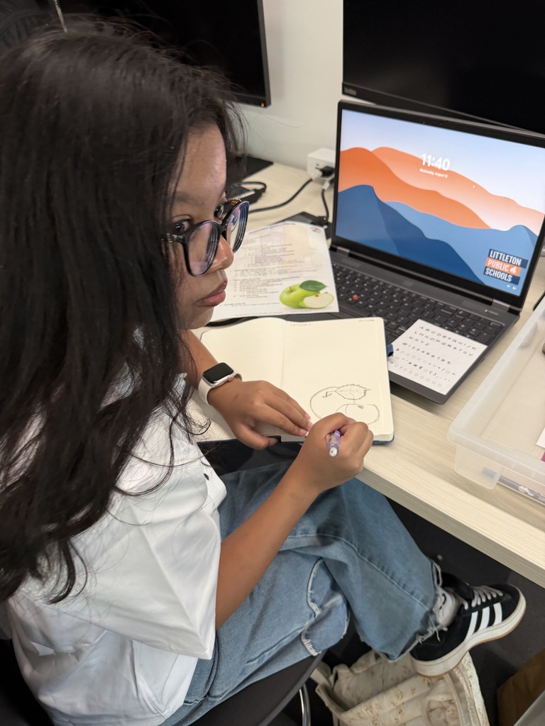 A person wearing glasses sits at a desk, drawing in a notebook while using a laptop.