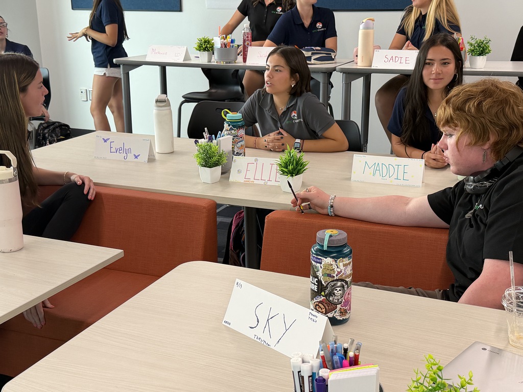 People seated at desks, writing on paper. Some wear bracelets and watches. Name cards are on the table.