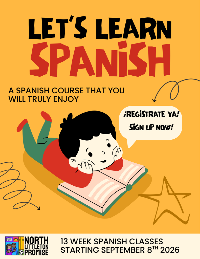 A poster encourages learning Spanish. It shows a child lying on a book with the text "Let's Learn Spanish".