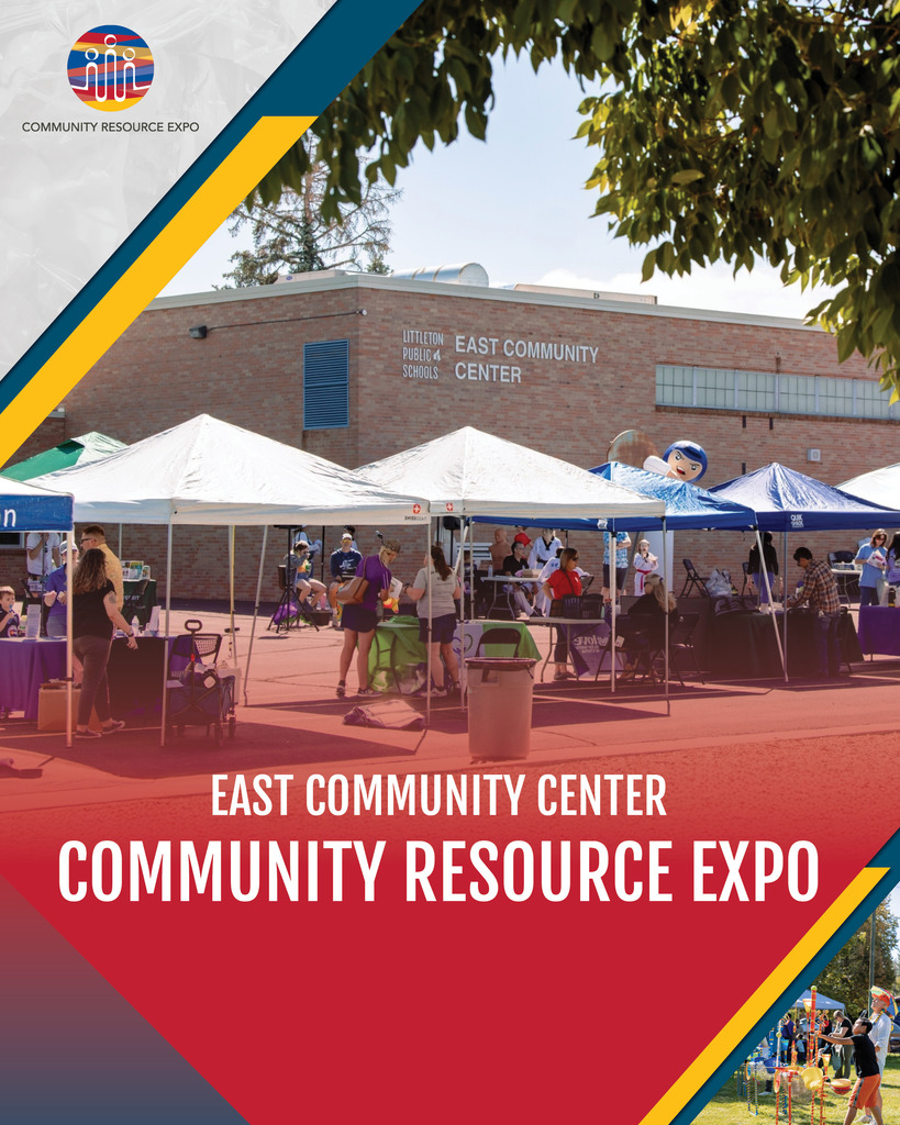 Banner reading East Community Center Community Resource Expo in front of outdoor event booths and school building.