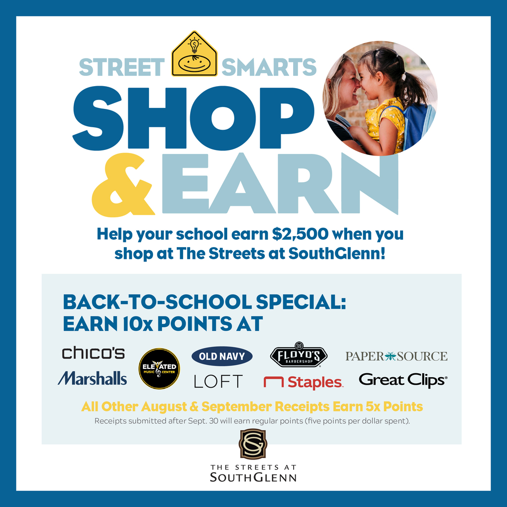 Promotional graphic for the "Street Smarts: Shop & Earn" campaign at The Streets at SouthGlenn. Key Details: Program Goal: Help local schools earn up to $2,500 by submitting shopping receipts. 10x Points Retailers: Chico's, Elevated Music Center, Old Navy, Floyd's 99 Barbershop, Paper Source, Marshalls, Loft, Staples, and Great Clips. Special Offer: All other receipts submitted in August and September earn 5x points (regular points resume after Sept. 30 at 5 points per dollar). Visuals: Features a circular inset photo of a mother and child with a backpack, styled in bold blue and yellow text on a light blue background.