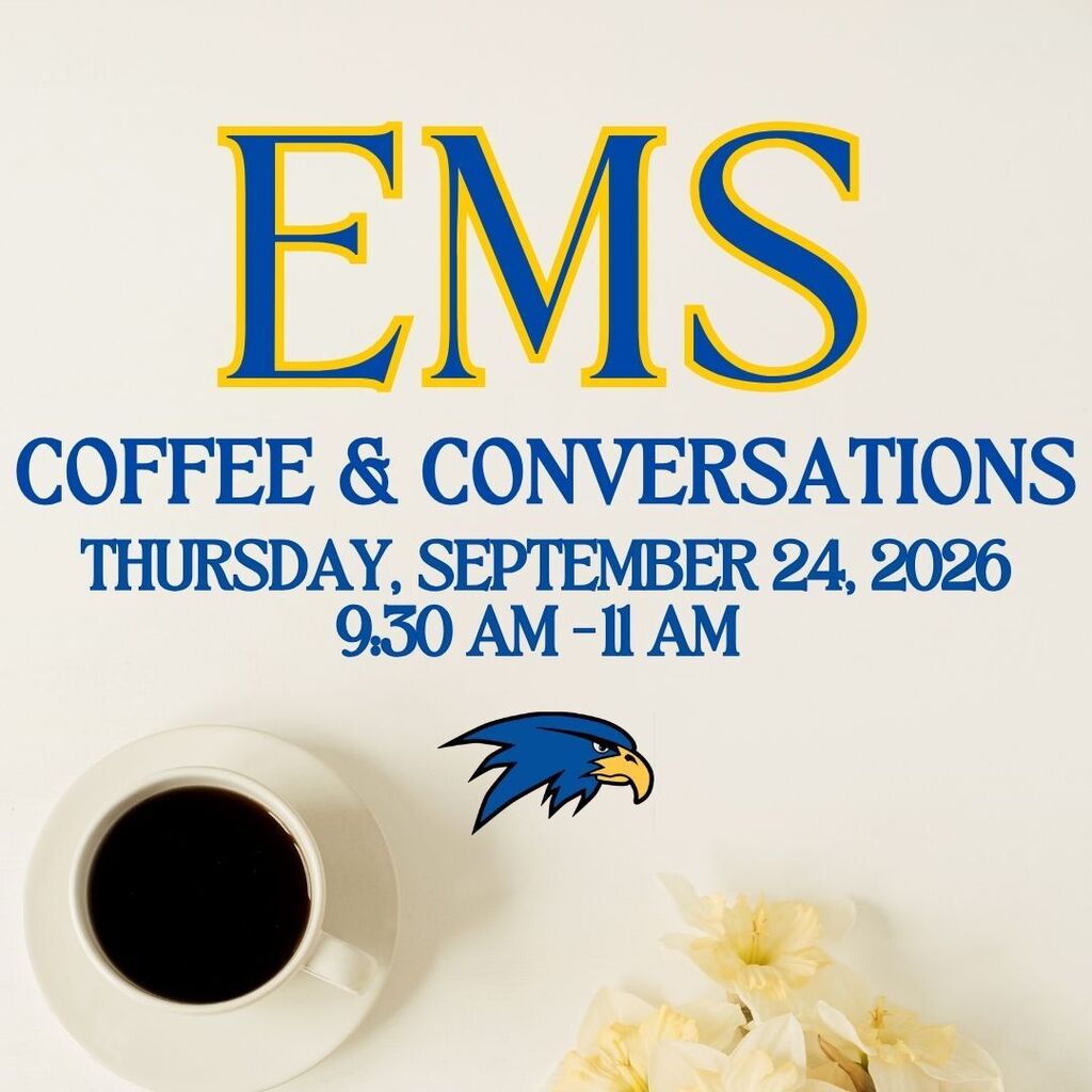 A white background displays an event announcement. Text reads "EMS COFFEE & CONVERSATIONS" above a logo. A coffee cup, saucer, and flowers sit below the text.