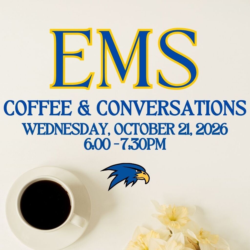 An event poster reads "EMS Coffee & Conversations" with a logo and date. A cup of coffee and flowers on a white background.