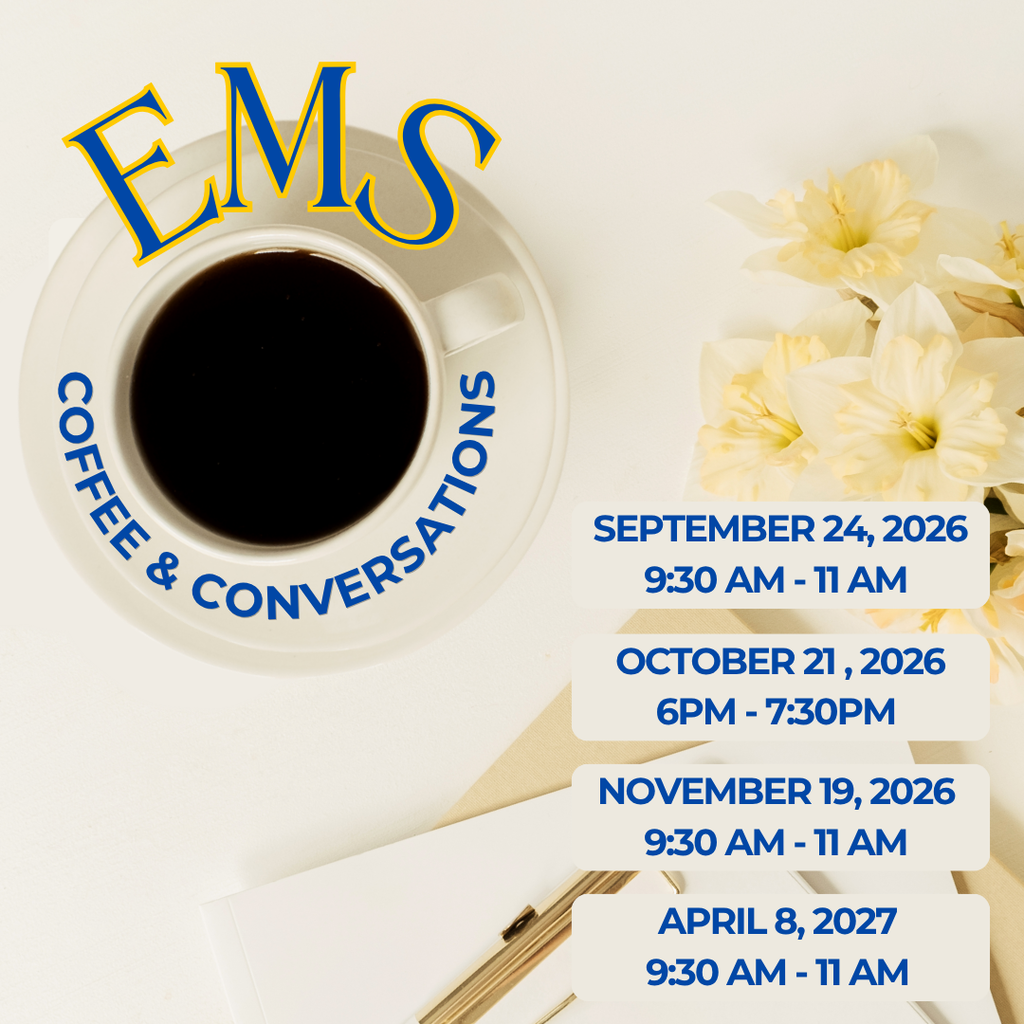 Coffee cup with black liquid on table. Text reads "EMS Coffee & Conversations". Dates and times listed below.