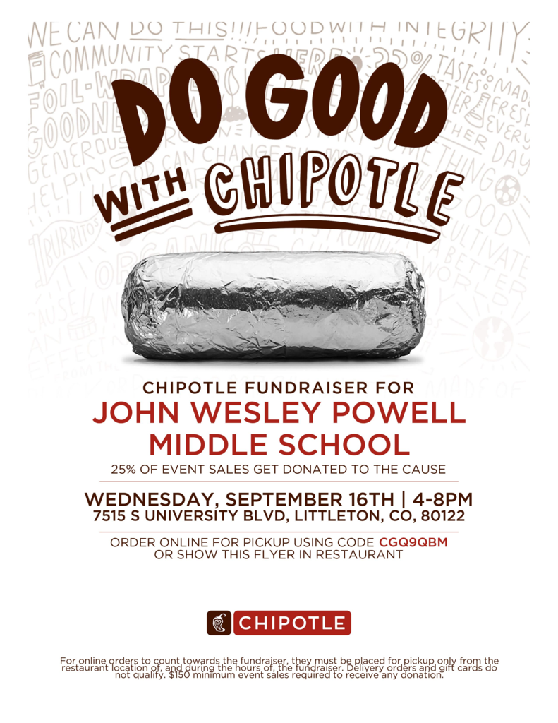 An advertisement for a Chipotle fundraiser for John Wesley Powell Middle School. The event is on September 16th, 2020, from 4-8 pm.