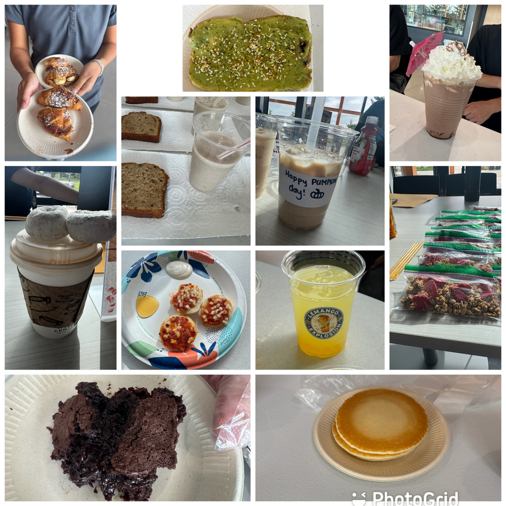 A collage of diverse food and drink items, including a brownie, pastries, a beverage, and a dessert with whipped cream.