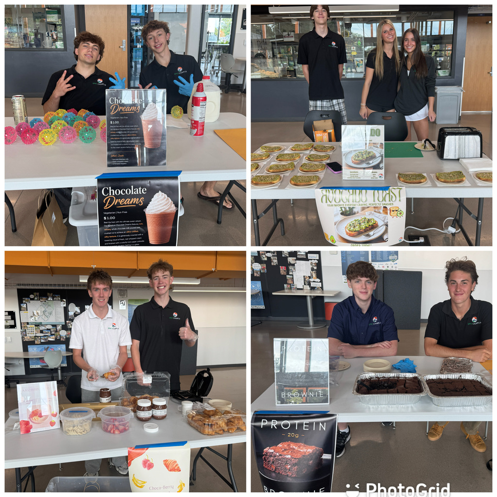 Collage of students at tables displaying various foods. One student holds a box of chocolate donuts.