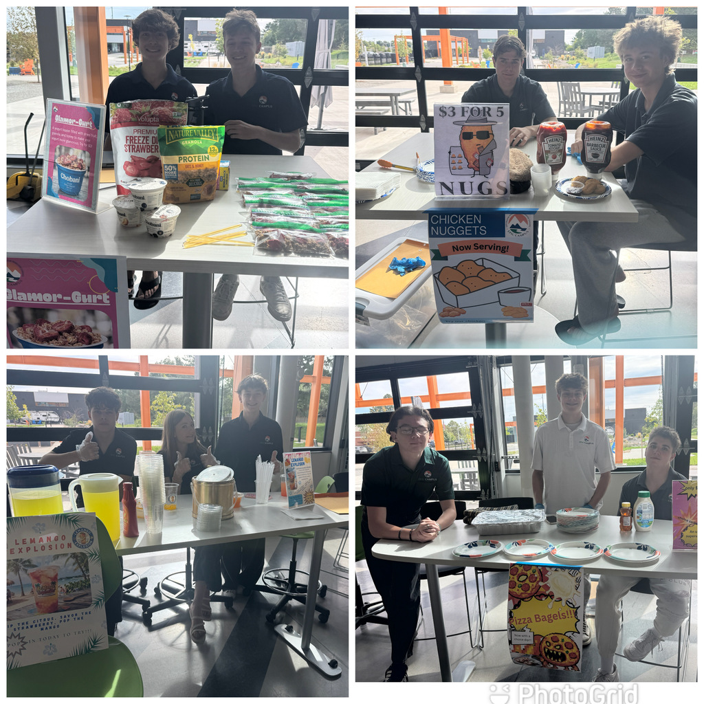 Four images show people at a table with food, drinks, and items on display. One image has a sign for "Chicken Nuggets."