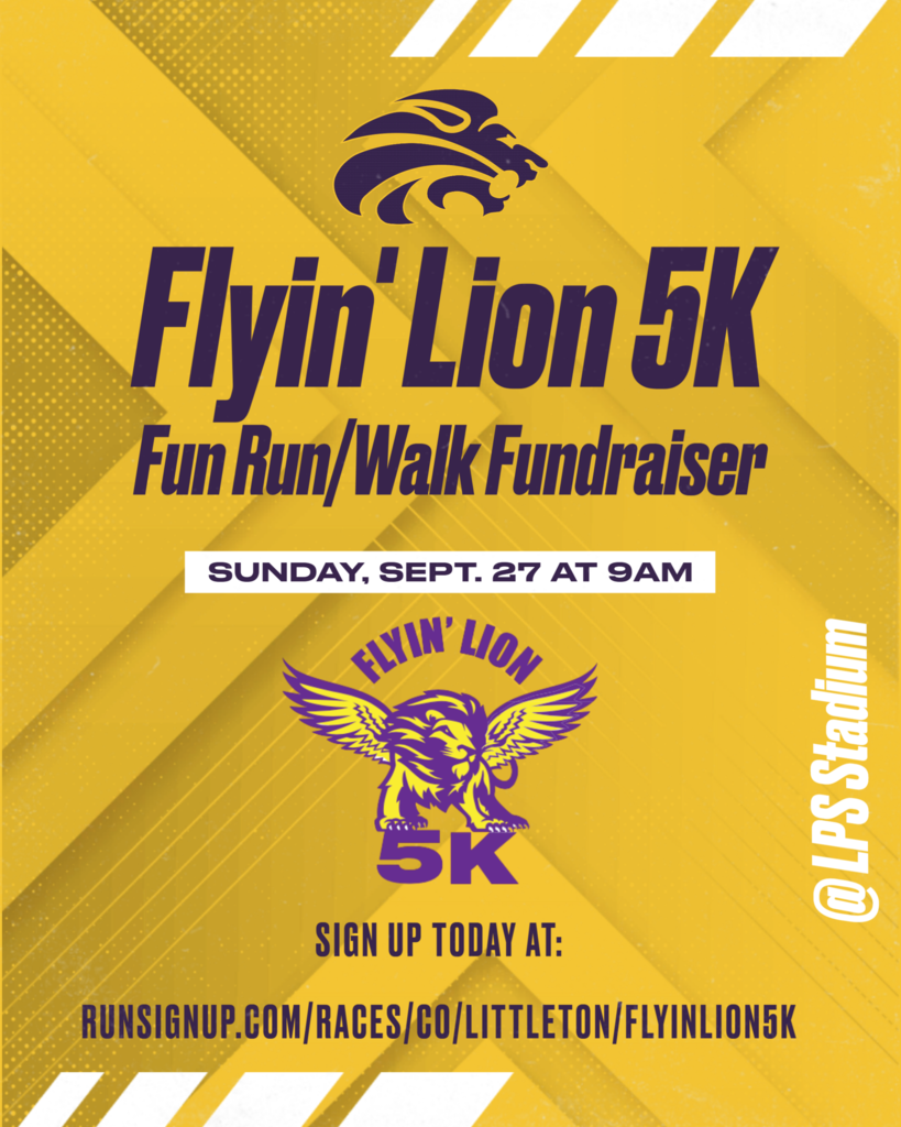 A yellow poster with "Flyin' Lion 5K Fun Run/Walk Fundraiser" and "Sunday, Sept. 27 at 9AM" details. It has a lion logo and "Sign up today" link.