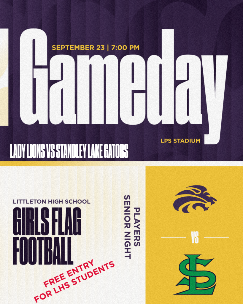 Purple background with white text saying "Gameday". Below it, the date, time, and location. Logos for Lady Lions and Gators.