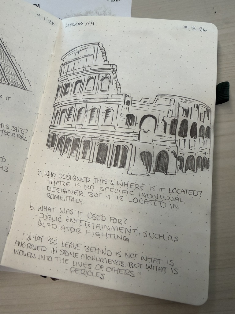Sketchbook open to page with drawing of Colosseum in Rome, Italy. Text beside drawing includes questions about the location and purpose.