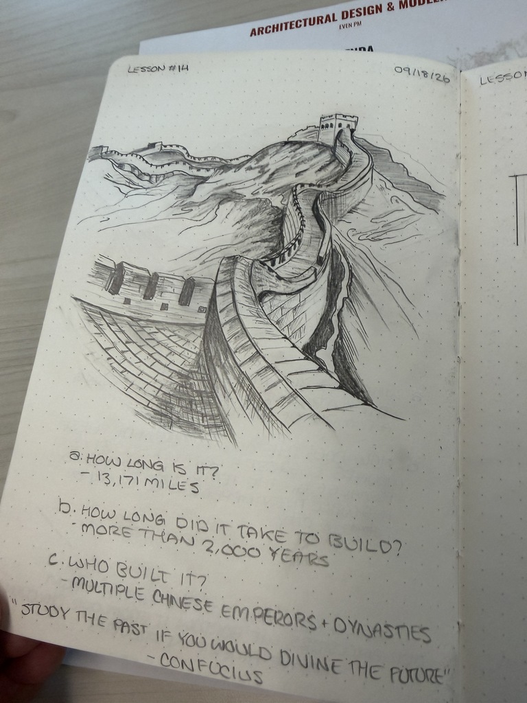 An open sketchbook features a drawing of the Great Wall of China. Below, there are notes in cursive asking questions about the structure's length, construction time, and builders.