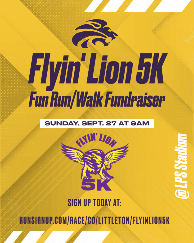 A flyer for the Flyin' Lion 5K Fun Run/Walk Fundraiser, scheduled for Sunday, Sept. 27 at 9AM.