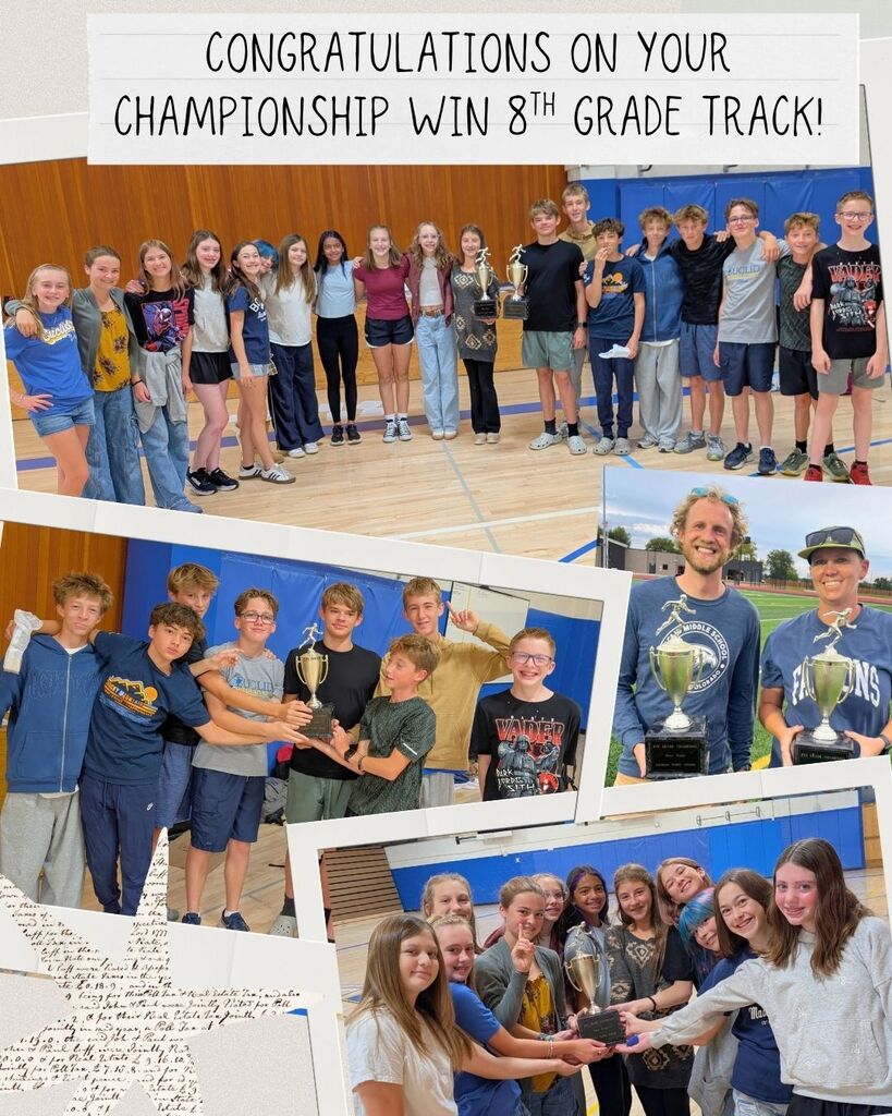 pictures of the 8th grade track team with their championship trophy!